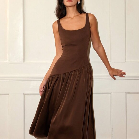 Coffee Patchwork Women's Elegant Sleeveless Graduation Dress - Picture 5 of 5